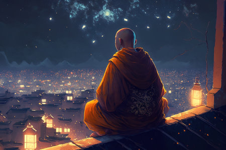 Buddhist monk sits on temple roof and looks at city and mountains at night, generative AI. Asian master man meditating under starry sky. Concept of buddhism, peace, prayer, meditationの素材