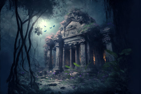 Fantasy temple in jungle at night, old building ruins in tropical forest, generative AI. Landscape with fairy monument, moon and mystic light. Concept of nature, fairytale, mystery, Halloween,の素材