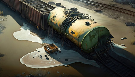 Toxic leak from freight train accident, wreck of railroad cars and tanks, generative AI. Hazard spill and contamination after train derailed. Concept of crash, disaster, hazmat, polluted soil, waste.の素材