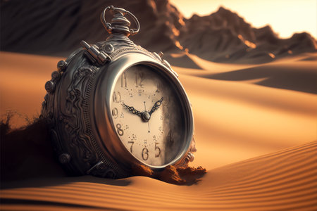 Time concept, vintage clock in desert, surreal landscape with sand and old clock, generative AI. Fantasy view in summer. Theme of waste, travel, history, nature and past times. 3d illustration.の素材