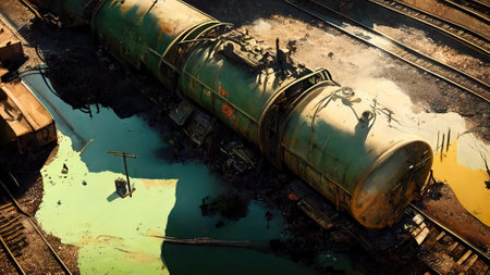 Toxic leak from freight train accident, wreck of railroad cars and tanks, generative AI. Hazard spill and contamination after train derailed. Concept of crash, disaster, hazmat, polluted soil, waste.の素材
