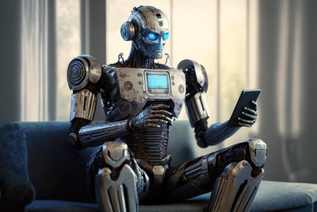 AI robot uses mobile phone sitting on couch in house room, generative AI. Futuristic humanoid robot playing smartphone at home. Concept of technology, learning, communication, future. Illustrationの素材