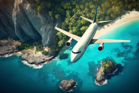 Plane flying above tropical resort, jet is over sea beach and rainforest, generative AI. Aerial view of airplane, water and jungle coast in summer. Theme of travel, vacation, trip, ocean and tourism.の素材