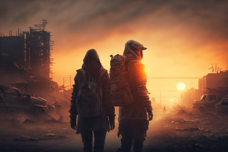 Survivors couple in destroyed city, man and woman at post apocalypse, generative AI. Walking people in spooky apocalyptic scene after world war at sunset. Concept of fantasy, dystopia, futuristicの素材