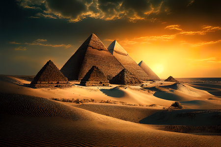 Pyramids in desert at sunset, Cairo, Egypt. Fantasy view, generative AI. Egyptian landscape with sands, great Ancient stone monuments, sun and sky. Concept of history and pharaoh. 3d digital paintingの素材