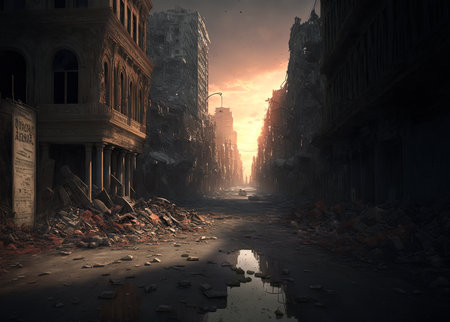 Apocalyptic view of destroyed city buildings, post apocalypse after world war, generative AI. Futuristic landscape with rubble and ruins of town. Concept of destruction, horror, zombie. Illustrationの素材
