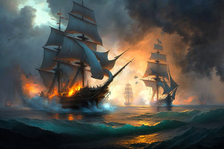 Battle of sea, old sailing ships in fire and smoke, illustration, generative AI. Military frigates on dramatic background. Concept of pirate, war on water, navy, fleet, battleship, warship, wave.の素材