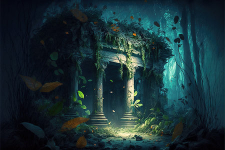 Vintage temple in jungle at night, old overgrown ruins in tropical forest, generative AI. Landscape with abandoned stone monument and magic mystic light. Concept of nature, travel, mystery, fairytaleの素材