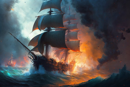 Battle of sea, old sailing ships in fire and smoke, illustration, generative AI. Military frigates on dramatic background. Concept of pirate, war on water, navy, fleet, battleship, warship, wave.の素材