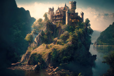 Castle at mount top by river at sunset, fantasy landscape, illustration, generative AI. Old medieval building on mountain island in summer. Concept of nature, scenery, fairytale world, forest.の素材