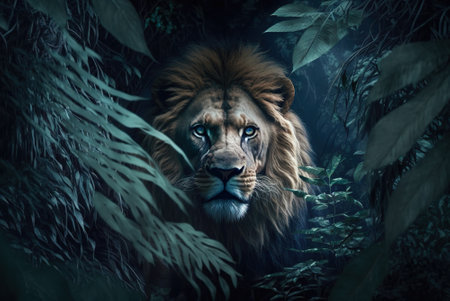 Lion in jungle at night, portrait of wild African animal in tropical leaves, generative AI. Cat predator snakes up in dark forest, face close-up. Concept of nature, wildlife, national park, hunt.の素材