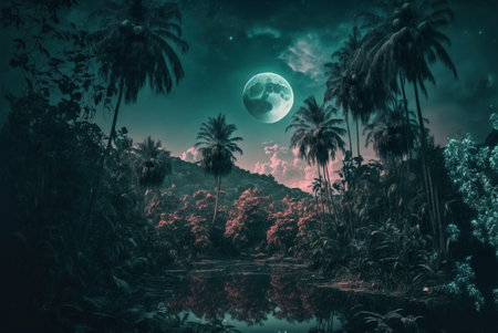 Fantasy tropical forest at night, mystery light in fairytale jungle, generative AI. Landscape with fairy plants, palm trees, sky and moon. Concept of wonderland, nature, extraterrestrial.の素材