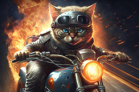Cat rider on motorcycle, super hero biker riding on fire background, generative AI. Brave animal drives bike on road. Concept of speed, fantasy, feat, comic, heroism, flame, adventure.の素材