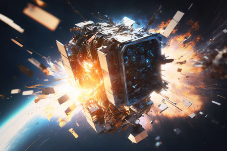 Space satellite explodes on Earth orbit, spacecraft was attacked, generative AI. Concept of star wars, military technology, weapon, explosion, blast, missile, station, fire.の素材