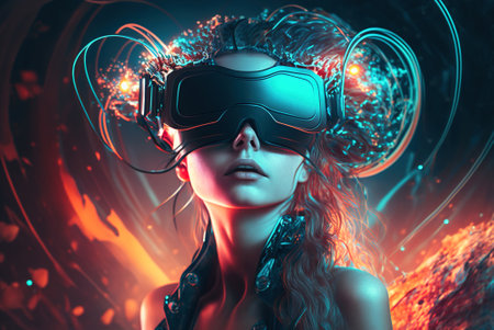 Girl in metaverse, young woman uses futuristic VR headset, generative AI. Sexy female person looking in virtual reality glasses, playing video game. Concept of technology, future, cyberpunk.の素材
