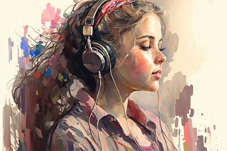 Girl listens music on headphones, portrait of young woman, illustration, generative AI. Adult pretty teen image created in watercolor style. Concept of playlist, song, technology, face, student.の素材