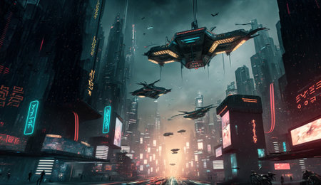 Cyberp city at night, futuristic cyberpunk aircraft flying above street, generative AI. Urban landscape with gloomy buildings and neon lighting. Concept of the future, metaverse, technologyの素材