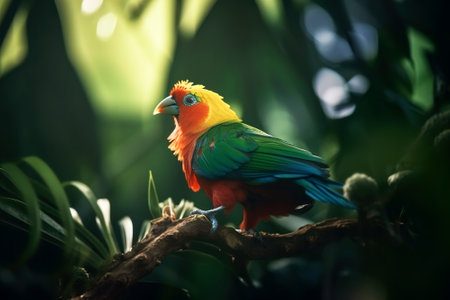 Exotic bird in tropical forest, bright animal in jungle close-up, generative AI. Colorful wild bird in green leaves of rainforest in summer. Concept of nature, wildlife, garden, park, fauna.の素材