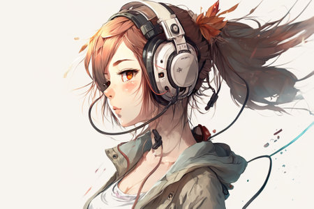 Anime girl with headphones listens music, portrait of teenager, illustration, generative AI. Teen girl dreams at night. Concept of playlist, technology, face, school, Japan, cartoon, student.の素材