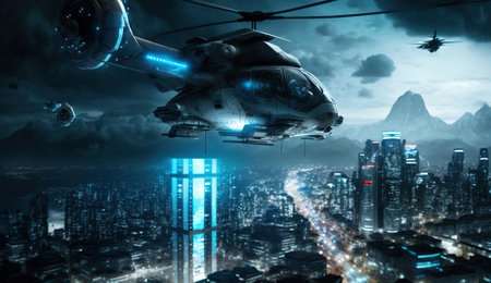 Cyber city at night, futuristic helicopter flying above buildings, generative AI. Urban landscape with aircraft. Concept of the future, metaverse, technology, game, sci-fi, space.の素材