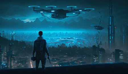 Cyber city at night, man standing on roof looks at cyberpunk buildings, generative AI. Urban landscape with skyscrapers and flying futuristic aircrafts. Concept of the future, metaverse, technology, gameの素材
