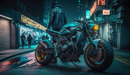 Cyberpunk city scene with parked futuristic bikes, sports motorcycles, generative AI. Scenery of dark street and vehicle. Concept of technology, future, dystopia, cyber, design, overcast.の素材