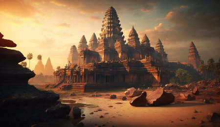 Old Asian temple at sunset, ancient oriental architecture, generative AI. Scenery of ornate Eastern stone temple. Concept of Buddhism, travel, culture of India, Cambodia and Thailand.の素材