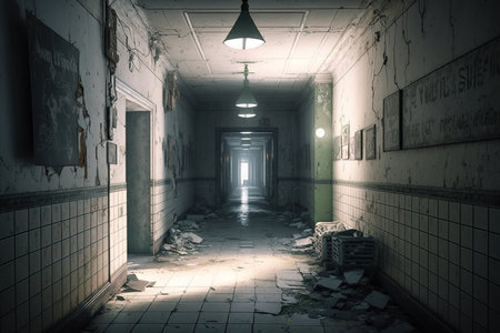 Corridor in abandoned hospital, scary dark passage in old building, generative AI. Spooky haunted hallway with shabby walls. Concept of horror, dark, grunge, asylum, background.の素材