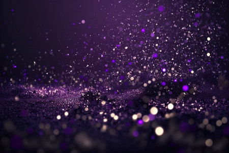 Small flying shiny particles and confetti on blue purple background, generative AI. Abstract pattern of bubbles, glitter and sparkles, modern magic affect. Theme of explosion, splash, texture, swirl.の素材