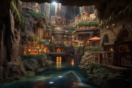 Underground city with river and rooms, fantasy of lost cave town, generative AI. Concept of ancient buildings, adventure, old temples, travel, nature and mountain.の素材