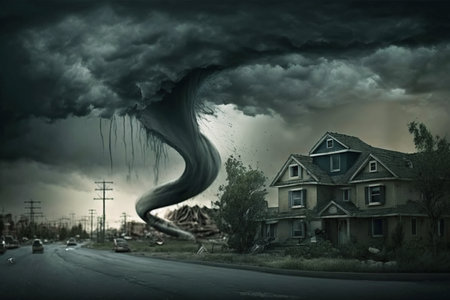 Tornado storm hits city, hurricane twister destroying buildings, generative AI. Scary cyclone whirlwind over town. Theme of disaster, damage, weather, destruction, nature, danger and wasteland.の素材
