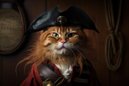 Cat wearing pirate clothes, portrait of funny serious pet in vintage outfit, generative AI. Brave animal corsair in medieval military uniform. Concept of humor, adventure, Renaissance painting.の素材