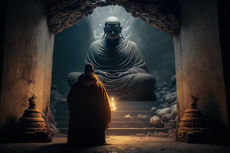 Buddhist monk kneels inside old dark temple and worships holy statue, generative AI. Asian master man is engaged in spiritual practice. Concept of worship, buddhism, peaceful, prayer, meditation.の素材