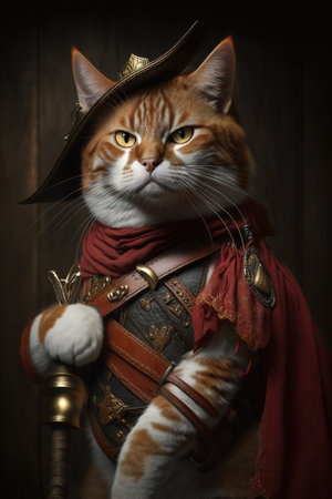 Cat wearing military clothes, portrait of funny serious pet in vintage outfit, generative AI. Brave animal corsair in medieval uniform. Concept of humor, adventure, Renaissance painting.の素材