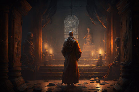 Buddhist monk stands inside old dark temple and worships holy site, generative AI. Asian master man is engaged in spiritual practice. Concept of buddhism, peaceful, prayer, meditation.の素材