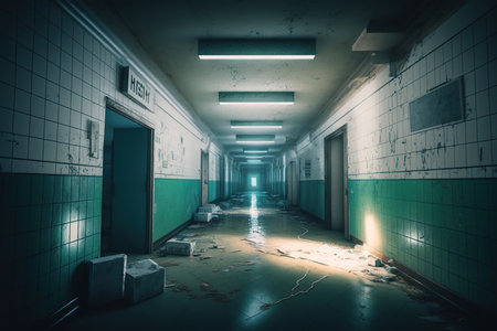 Corridor in abandoned hospital, scary dark passage in old building, generative AI. Spooky haunted hallway with shabby walls. Concept of horror, grunge, asylum, background, quest, game.の素材