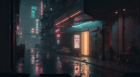 Dark street in cyberpunk city, gloomy alley with neon lighting, generative AI. Scenery of futuristic dystopian town at night. Concept of the future, technology, cyber, fantasy.の素材