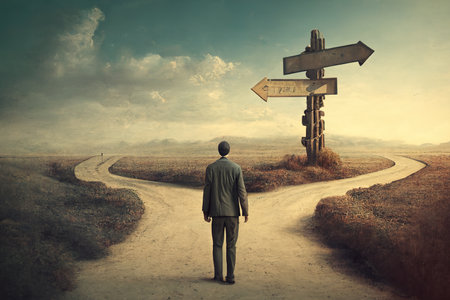Man standing at crossroad choosing right path, choice concept, generative AI. Lone person, road fork, signpost and uncertain way. retro style illustration. Theme of decision, search, solution.の素材