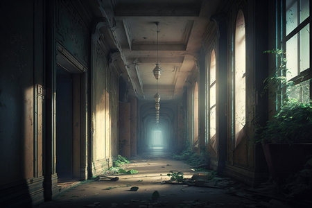 Corridor in abandoned building, scary dark passage in old mansion, generative AI. Spooky haunted hallway with shabby walls. Concept of horror, grunge, background, quest, game.の素材