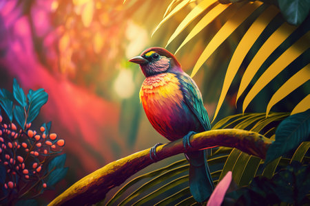 Exotic bird in tropical forest, bright animal in jungle close-up, generative AI. Colorful wild bird in green leaves of rainforest in summer. Concept of nature, wildlife, garden, park, fauna.の素材