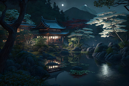 Japanese landscape at night, view of temple and forest in mountains, generative AI. Oriental scenery of lone house, river and trees. Theme of Japan, nature, country, countryside, moon.の素材