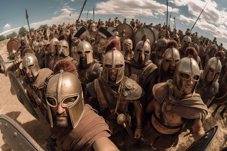 Army of ancient warriors make selfie photograph on battlefield in summer, generative AI. Squad of Greek soldiers posing for photo. Concept of humor, fantasy, fun, war, Trojan.の素材
