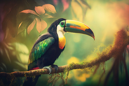 Toucan bird in tropical forest, bright animal in jungle close-up, generative AI. Colorful wild bird in green leaves of rainforest in summer. Concept of nature, wildlife, garden, park, exotic fauna.の素材