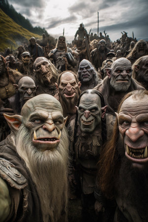 Orc army make selfie photograph on battlefield in summer, generative AI. Squad of fairytale warriors posing for photo. Concept of humor, fantasy, fun, war.の素材