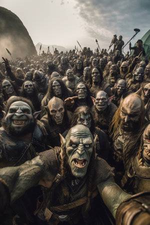 Orc army make selfie photograph on battlefield in summer, generative AI. Squad of fairytale warriors posing for photo. Concept of humor, fantasy, fun, war.の素材