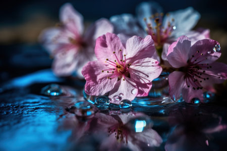 Sakura flowers in water, pink cherry blossoms petals with drops, generative AI. Beautiful delicate flowers in fairy blue light. Theme of spring, nature, beauty, wedding, love.の素材