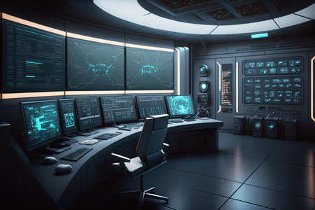 Control room with screens and computers, interior of command center, generative AI. Inside dark futuristic room with digital dashboard. Concept of monitoring, technology, future, information.の素材