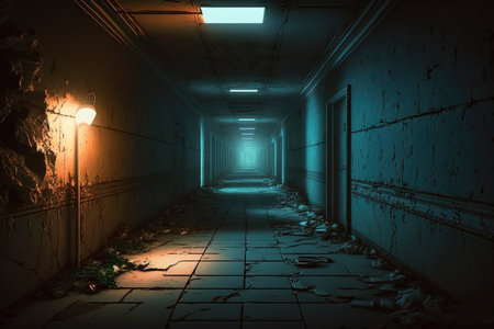Corridor in old abandoned building, scary dark underground passage, generative AI. Spooky haunted hallway with shabby walls. Concept of horror, grunge, background, quest, game.の素材