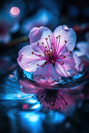 Sakura flowers in water, pink cherry blossoms petals with drops, generative AI. Beautiful delicate flowers in fairy blue light. Theme of spring, nature, beauty, wedding, love.の素材