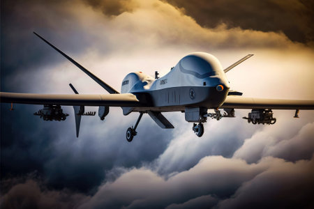 Military attack drone, unmanned aircraft flying in the sky, generative AI. Remote controlled vehicle is engaged in reconnaissance and surveillance, Concept of war, warfare, technology, spy, uav.の素材